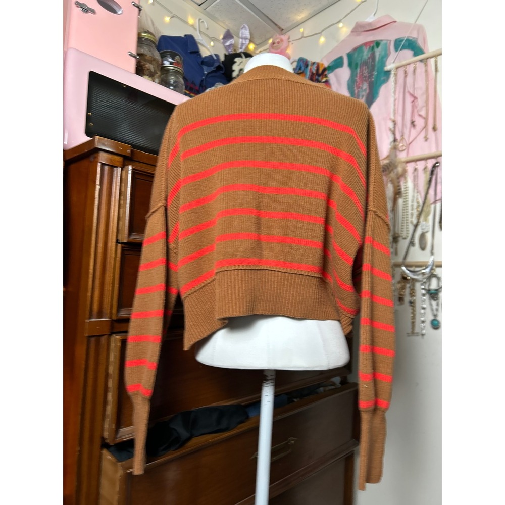 Free People Brown Orange Striped Cropped Mock Neck Ribbed Sweater SP Boho Chic - Picture 4 of 7